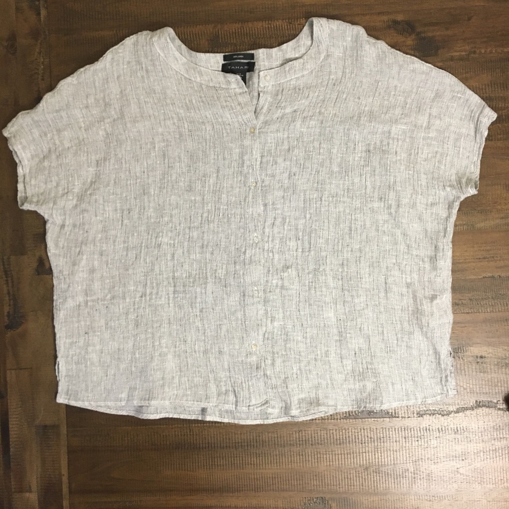 Tahari Boxy Linen Button Down Light Gray Blouse